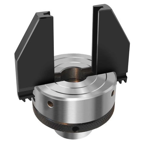 Front view of a 2-inch, two-jaw pen drilling lathe chuck with 1-inch x 8TPI thread and metal body