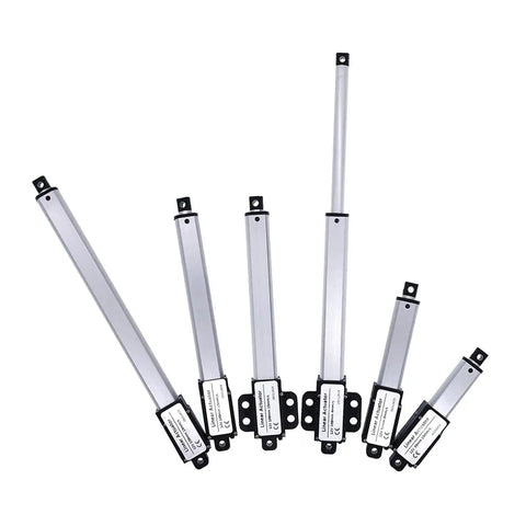 Compact 50mm DC 12V Micro Electric Linear Actuator Featuring Hella Smooth Push Rod Action And Plug And Play Motor Controller For Quick Diy Mods And Serious Reliability with multiple sizes visible.