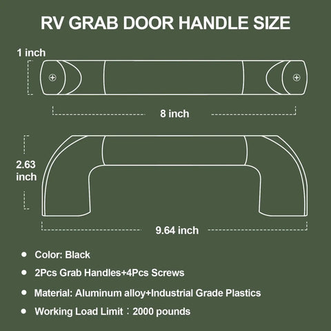 RV Grab Handle Set Aluminum Entry Door Assist Bar For Camper Trailer Truck Cargo Trailer And Boat 2 Pack Black; size diagram with dimensions