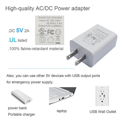 High-quality AC/DC power adapter with USB output for emergency power supply, shown with power bank, laptop, and wall outlet.