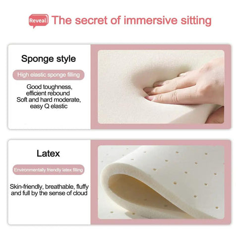 Cozy Velvet Desk Chair With Pillow showing sponge and latex materials for ergonomic back support.