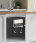 Top Tier Tankless Electric Water Heater With 110V Hot Water Delivery Featuring A Sharp Digital Display And Adjustable Wattage For Kickin Rapid Heating During Kitchen Or Bathroom Use, mounted under kitchen sink.
