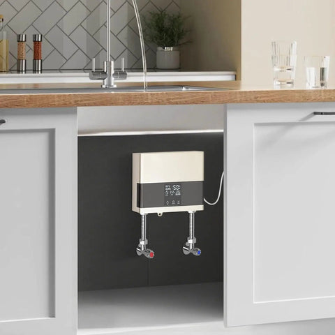 Top Tier Tankless Electric Water Heater With 110V Hot Water Delivery Featuring A Sharp Digital Display And Adjustable Wattage For Kickin Rapid Heating During Kitchen Or Bathroom Use, mounted under kitchen sink.