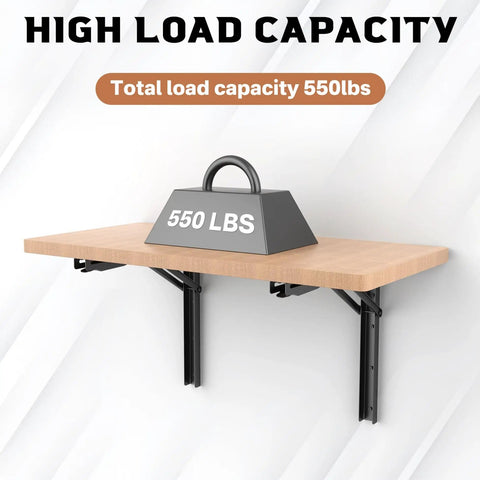 18 Inch Heavy Duty Wall Shelf Brackets Built Tough Rock Solid Collapsible Bracket Kit Supports 550 Lbs with wooden shelf and weight.