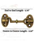 2.75 Inch Solid Brass Cabin Hook Latch With Vintage Antique Finish shown with dimensions, perfect for windows and small doors
