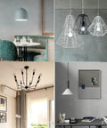 Modern lighting fixtures in contemporary home settings showcasing stylish designs for dining area, living room, and office.