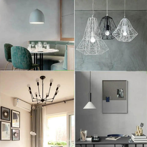 Modern lighting fixtures in contemporary home settings showcasing stylish designs for dining area, living room, and office.