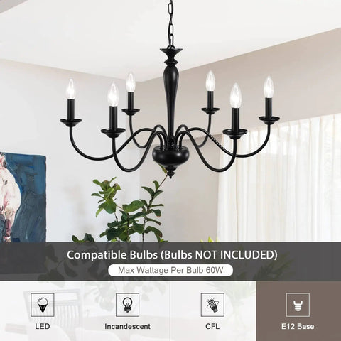 Large 28 Inch Farmhouse Chandelier With Six Matte Black Candle Sockets Iron Scroll Arms For Dining Room Kitchen Island And Foyer Sloped Ceiling Compatible Modern Farmhouse Pendant Light