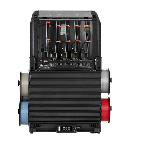 Heavy Duty Large Format 3D Printer Enclosure with multiple filament spools and internal hardware for advanced material printing.