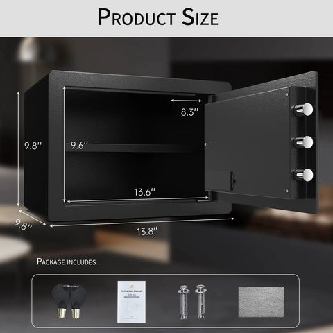 Open view of Heavy Duty Steel Money Safe Box with Electronic Digital Keypad and Knob, 0.77 Cu Ft, showing interior dimensions.