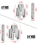 Heavy Duty Pvc Pipe Threader Kit For 1/2 And 3/4 Inch Pipes showing sizes and measurements for taps and drill adapter.
