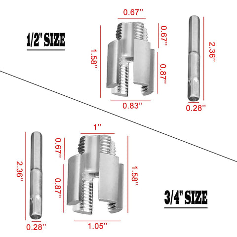 Heavy Duty Pvc Pipe Threader Kit For 1/2 And 3/4 Inch Pipes showing sizes and measurements for taps and drill adapter.