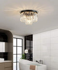 Crystal Ceiling Light Fixture Three Light Modern Semi Flush Mount With E12 Base Black Finish Two Layer Crystal Shade installed in bathroom