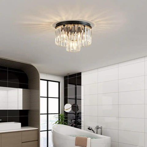 Crystal Ceiling Light Fixture Three Light Modern Semi Flush Mount With E12 Base Black Finish Two Layer Crystal Shade installed in bathroom