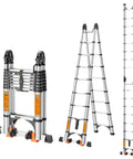 Heavy-Duty Telescoping A-Frame Ladder 12.5 Ft With Dual Locks, Triangular Stabilizers, And 330 Lb Capacity, Wobble-Free Anti-Slip Rungs, Reinforced Feet For Steady Home And Pro Jobs, shown folded and extended