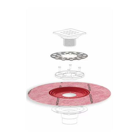 Heavy Duty Water Stop Drain Flashing Set With Adjustable Height Connector For A No Sweat Leak Free Shower Pan Build And Tight Waterproofing Seal Results, showing layered components including a red polypropylene drain.