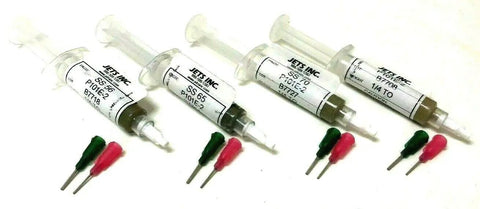 Four syringes of Silver Solder Paste For Jewelry Making And Fixes, E Soft To Hard, 56-75% silver content, with applicator tips.