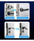 Before and after images of Smooth Operator Fingerprint Door Lock Handle Deadbolt installation, showcasing various lock replacements.
