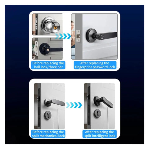 Before and after images of Smooth Operator Fingerprint Door Lock Handle Deadbolt installation, showcasing various lock replacements.