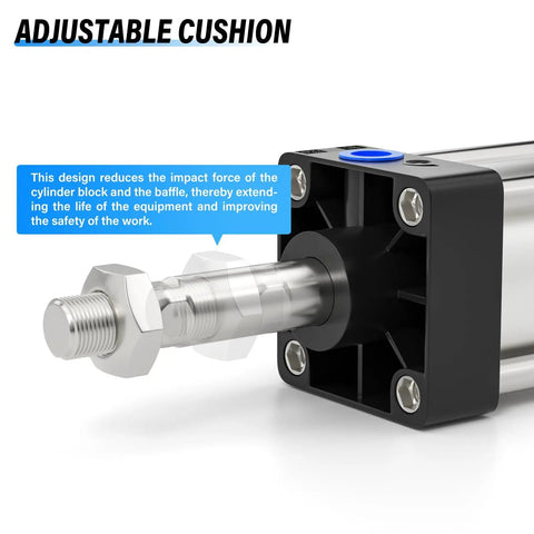 Beefy 4 Inch Bore 6 Inch Stroke Pneumatic Air Cylinder close-up showing adjustable buffer cushion and aluminum rod