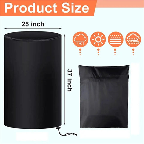 Built Tough 55 Gallon Drum Cover For Outdoor Water Storage Barrel With Grip Tight Drawstring Closure All Season Rain Snow Guard UV Protected image showing size 25x37 inches.