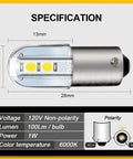 BA9S LED Indicator Bulbs 120V AC DC Pack Of 20 Cool White specifications chart with dimensions and technical details.