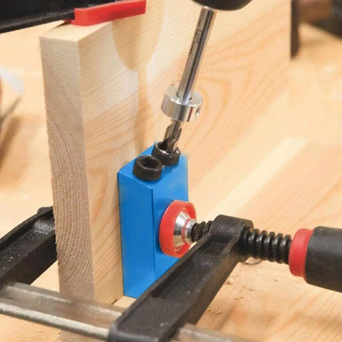Essential 14 Piece Pocket Hole Jig Drill Kit With 15 Degree Dowel Joinery Set in use on wooden board for clean hidden screws