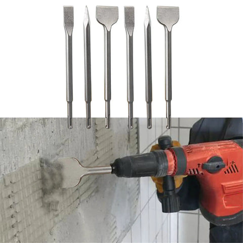 Heavy Duty Concrete Chisel Set, 6 Piece For Rotary Hammers, Includes 20mm And 40mm Flat Chisels And 250mm Point Chisel, in use