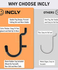 Comparison of INCly pegboard hook with others highlighting double peg design and thicker build for tool storage.
