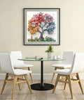 Framed 5D Diamond Painting Kit For Adults Beginners Colorful Flower Tree Special Shape Full Drill Art on wall in dining area