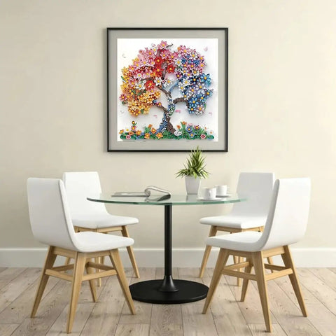 Framed 5D Diamond Painting Kit For Adults Beginners Colorful Flower Tree Special Shape Full Drill Art on wall in dining area