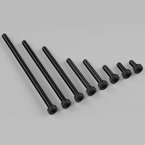 120 Piece Rock Solid M3 X 12MM Hex Socket Head Cap Screws Bolt Set In 12.9 Grade Alloy Steel With Black Oxide Finish and Included Hex Wrench for Tough Jobs and Weekend Warrior Builds showcasing various lengths of black oxide bolts.