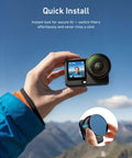 Hand holding DJI Osmo Action 6 with Filter Kit, showing quick install of 2 To 32 Variable ND, CPL UV lens filters