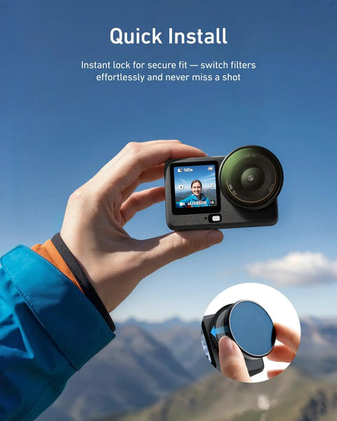 Hand holding DJI Osmo Action 6 with Filter Kit, showing quick install of 2 To 32 Variable ND, CPL UV lens filters