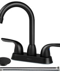 Two Handle Black Bathroom Faucet 4 Inch Centerset With Lift Rod Drain Stopper And Supply Hoses For RV Use 3 Hole Matte Black Vanity Faucet