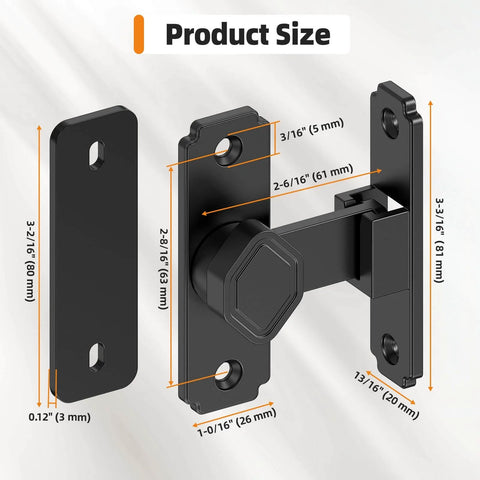 Sturdy 90 Degree Barn Door Lock Aluminum Alloy Security Flip Lock For Barn, Bedroom, Fence And Shed, Black, size labeled