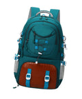 Trail Ready Hiking Backpack Rucksack For Outdoor Adventures Mountaineering And Camping Pack with brown leather accents and mesh pockets.