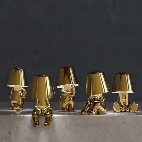Gold Decor Thinker Statue Bedside Table Lamp With USB Port, Touch Control LED Night Light in various seated thinker positions