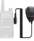 Walkie Talkie Microphone For UV 5R And Other Ham Radios With 3.5mm Jack coiled cable and stainless steel clip shown on radio