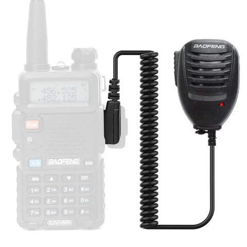 Walkie Talkie Microphone For UV 5R And Other Ham Radios With 3.5mm Jack coiled cable and stainless steel clip shown on radio