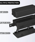 Exploded view of 12V Fuse Relay Box With 6 Relays And 11 ATC And ATO Fuses, showing top cover, relay fuse box, and button cover.