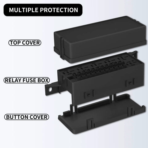 Exploded view of 12V Fuse Relay Box With 6 Relays And 11 ATC And ATO Fuses, showing top cover, relay fuse box, and button cover.
