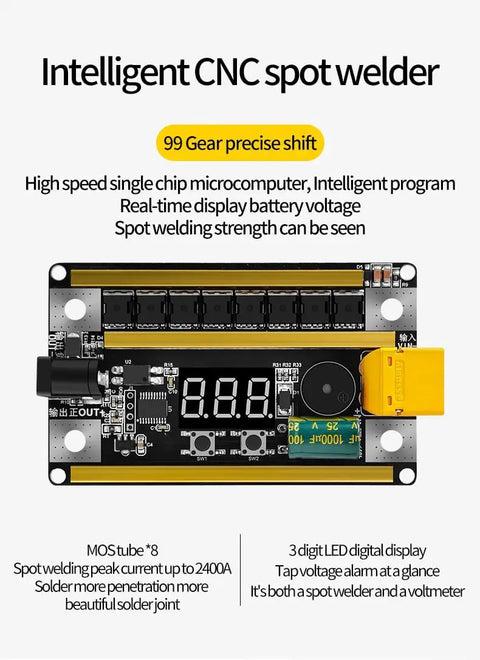 Handheld 12V Spot Welder Control Board Kit With 99 Power Levels And 2400A Peak Output displayed with digital features