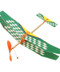 Two Pack Rubber Band Powered Balsa Wood Airplane Glider Kit For Outdoor Fun, colorful green glider with checkered wing design.