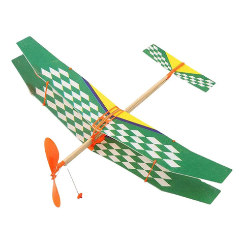 Two Pack Rubber Band Powered Balsa Wood Airplane Glider Kit For Outdoor Fun, colorful green glider with checkered wing design.