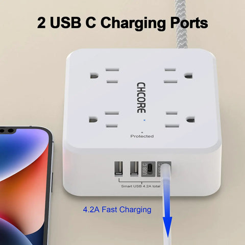 Zero Outlet Wars Boss Ready Surge Protector Power Strip With 8 Widely Spaced Outlets And Braided 5Ft Extension Cord Featuring Dual Usb C Charging Ports, showing 2 USB C ports and outlets.