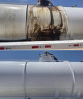Heavy Duty Five Gallon Industrial Degreaser That Works Like A Charm removing grease from a large tank, before and after images.