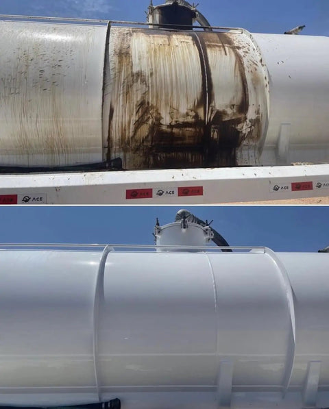 Heavy Duty Five Gallon Industrial Degreaser That Works Like A Charm removing grease from a large tank, before and after images.