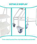 Close-up of Heavy Duty Four Step Rolling Ladder With Secure Handrails Built Different For Warehouse Spaces Rock Solid Eight Hundred Eighty Pound Capacity Premium Cold Rolled Steel details, showcasing non-slip pedals and sturdy casters.
