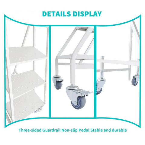 Close-up of Heavy Duty Four Step Rolling Ladder With Secure Handrails Built Different For Warehouse Spaces Rock Solid Eight Hundred Eighty Pound Capacity Premium Cold Rolled Steel details, showcasing non-slip pedals and sturdy casters.